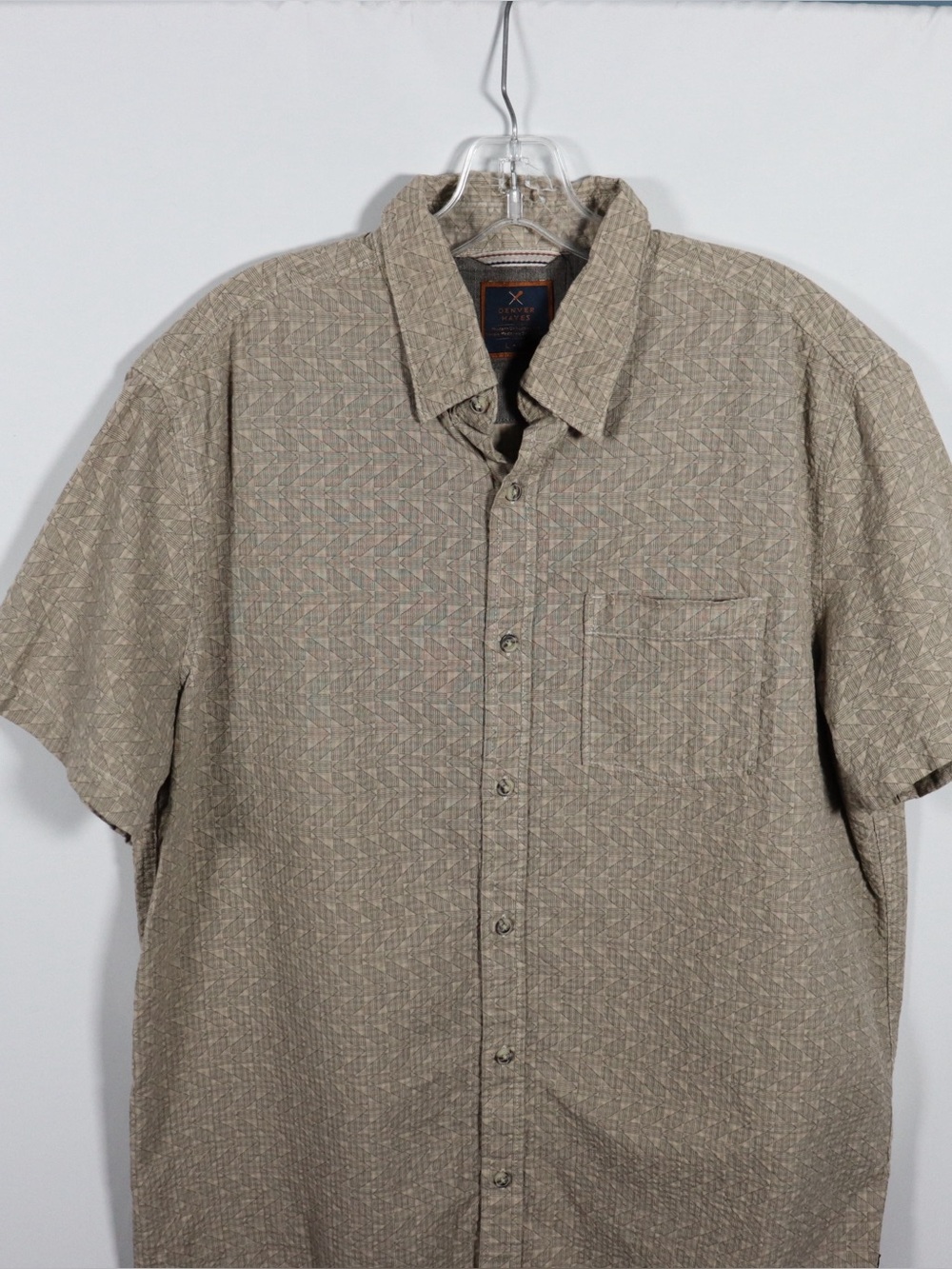 Denver Hayes Short Sleeve Button-Up Shirt Tan Pattern Men’s Large Casual - Picture 3 of 8